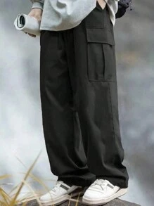 1 pièce Pantalon cargo droit décontracté et ample de couleur unie à poches multiples pour adolescent garçon/adolescents garçons, pour l'exercice et l'extérieur, printemps/été/automne