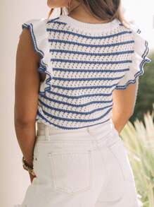 女士钩针编织条纹毛衣背心轻质圆领荷叶边盖袖上衣