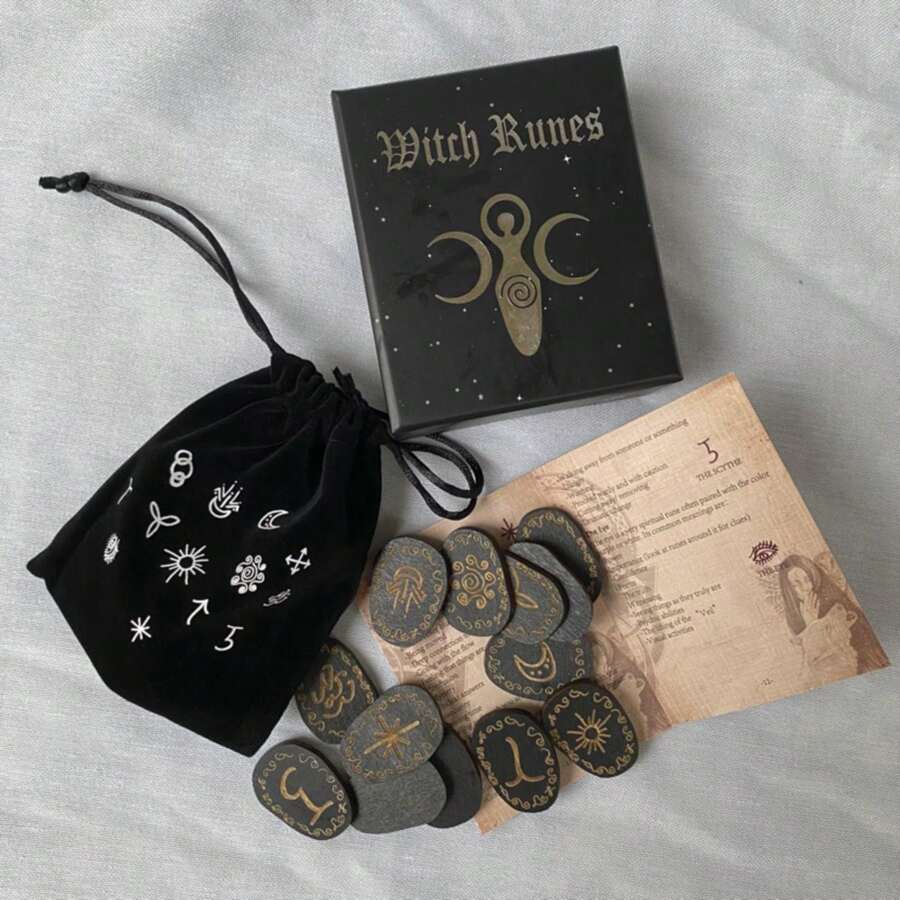 Juego de piedras rúnicas de madera Juego de runas de brujas 14 piezas Símbolo de runa grabado para adivinación - Negro - Ver 1