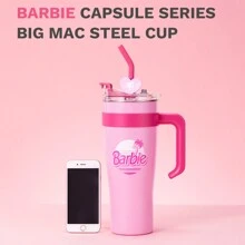 Miniso Fancy Barbie Collection Stainless Steel Water Bottles With Straw 1600mL Locking Leak-Proof Lid Travel Coffee Mug Tumbler With Handle Present For Girls - Baby Pink - View 5