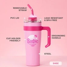 Miniso Fancy Barbie Collection Stainless Steel Water Bottles With Straw 1600mL Locking Leak-Proof Lid Travel Coffee Mug Tumbler With Handle Present For Girls - Baby Pink - View 2