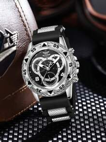 1 pieza Correa de hombre de goma negra, de moda, casual, con escala mixta para deportes, esfera redonda para uso diario o como regalo de vacaciones