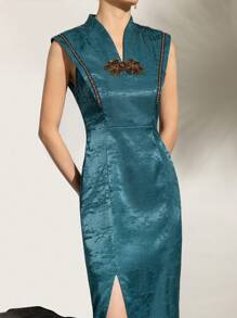 无袖表盘扣提花花卉图案开叉大腿新款中式旗袍连衣裙 - 藍色 - 查看 8