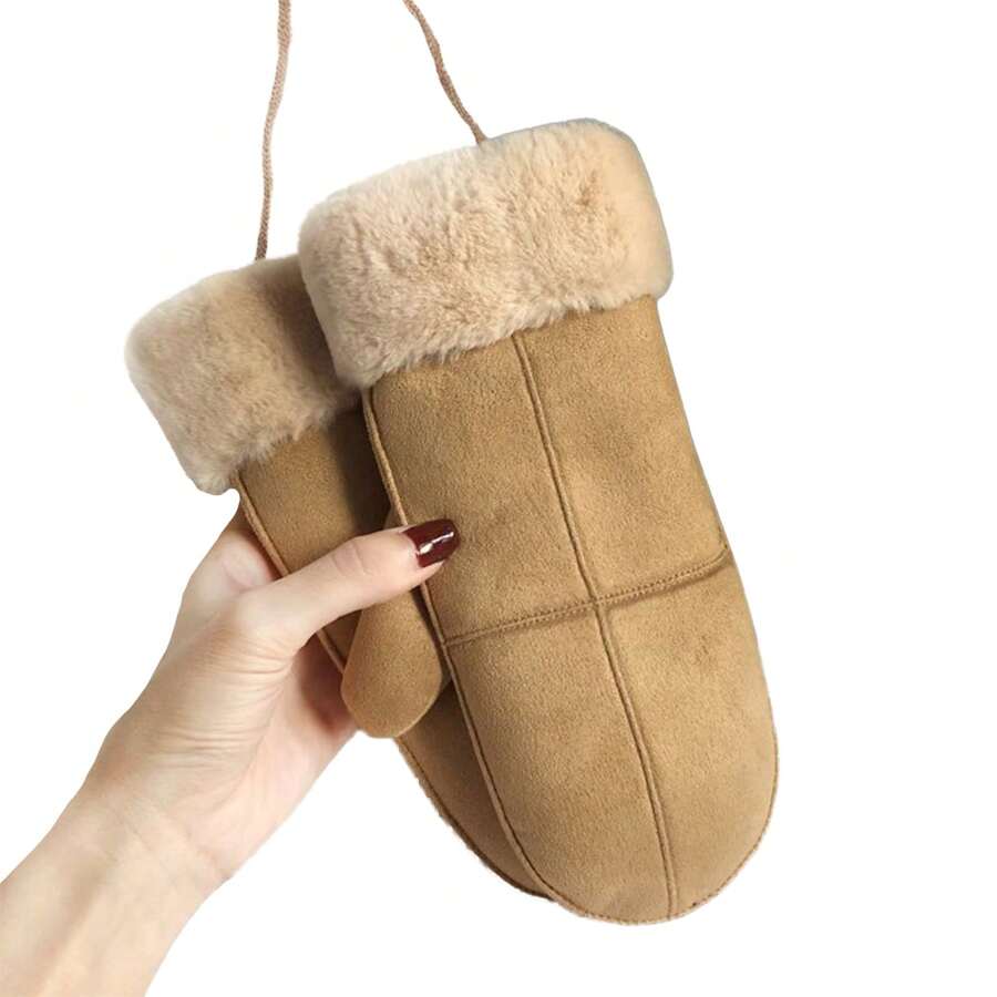 Women Winter Mittens With String Fleece Lined Gloves Warm Suede Mittens For Cold Weather - Khaki - View 1