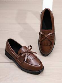 Women's Plus Size Bow Decor Flatform Matte Leather Loafers - Brown - View 7