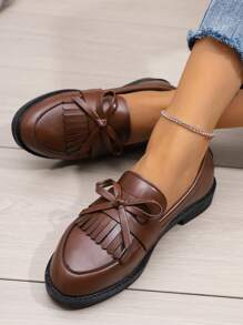 Women's Plus Size Bow Decor Flatform Matte Leather Loafers - Brown - View 5