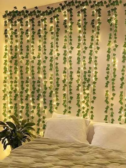 1 Green Ivy Leaf Fairy String Light, 20/50/100LED Battery Powered Artificial Flower Garland Vine, Plastic Material, With Switch Control, Suitable For Bedroom Wedding Party Holiday Decoration, Flower Theme, No Battery