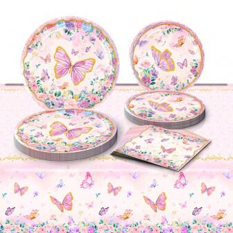 50 PCS, Pink Butterfly Theme Paper Plates Napkin Disposable Cups Set, Cute Cartoon Butterfly Element Party Suitable For Weddings, Bridal Showers, Birthday Party, And Tea Parties Party Supplies Birthday Party Decoration
