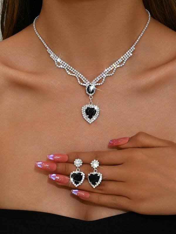 Conjunto de 3 peças/conjunto de brincos e colares minimalistas de strass em forma de coração, adequado para mulheres, festa de casamento, baile de formatura, presente de dia dos namorados para namorada