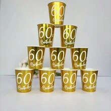 10 chiếc/20 chiếc/50 chiếc Cốc giấy dùng một lần mừng sinh nhật lần thứ 60 màu vàng, cốc giấy dùng một lần màu vàng và trắng, tiệc sinh nhật vui vẻ, cốc đựng đồ uống nóng lạnh cho nam nữ, đồ trang trí tiệc sinh nhật cho cha, quà tặng tiệc - Vàng - Xem 1