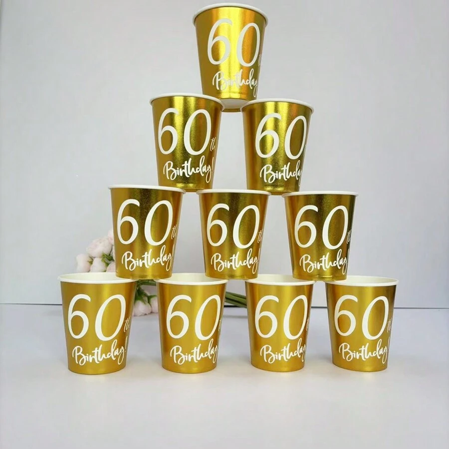 10 chiếc/20 chiếc/50 chiếc Cốc giấy dùng một lần mừng sinh nhật lần thứ 60 màu vàng, cốc giấy dùng một lần màu vàng và trắng, tiệc sinh nhật vui vẻ, cốc đựng đồ uống nóng lạnh cho nam nữ, đồ trang trí tiệc sinh nhật cho cha, quà tặng tiệc - Vàng - Xem 1