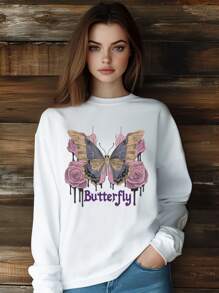 Women Butterfly Rose Flowers Retro Style T-Shirt Fashion Print Short Sleeve Round-Neck Loose Fit Tops Streetwear