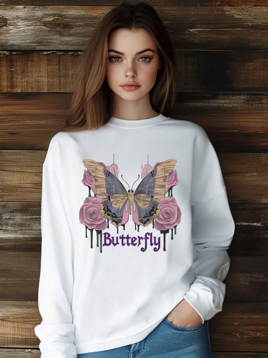 Women Butterfly Rose Flowers Retro Style T-Shirt Fashion Print Short Sleeve Round-Neck Loose Fit Tops Streetwear