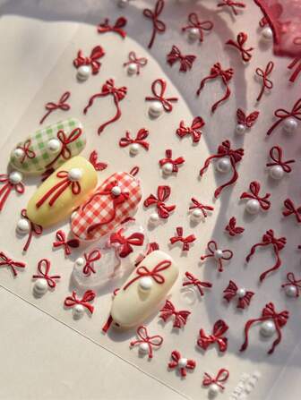 1 件简约线条蝴蝶结红色激光粉色烫印 3D 自粘指甲饰品贴纸仿珍珠水钻指甲贴纸 DIY 指甲