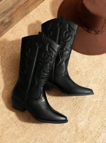 Women'S Cowboy Western Boots Point Toe Pull On Cowgirl Boots  Embroidered Detail Chunky Heeled Spring And Winter Back To School Party Festival Matching Dress Mid Calf Black Boots - màu đen - Xem 2