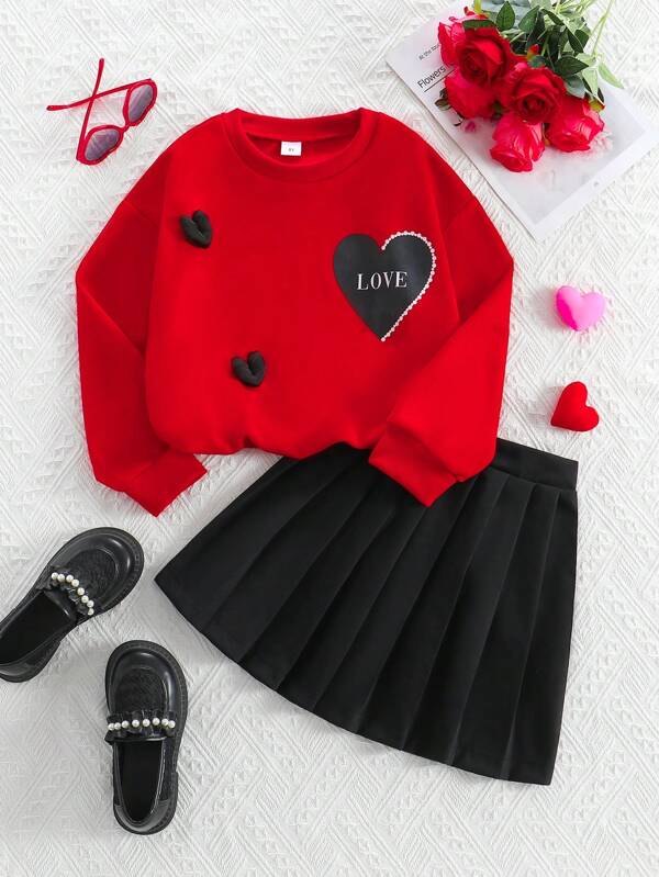 2 Pcs Tween Girls' Heart Graphic Sweatshirt And Pleated Mini Skirt Set, Casual Elegant Outfit