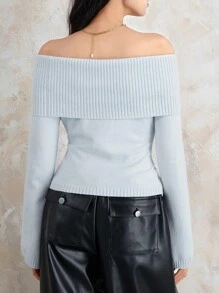 Women's Sexy Off Shoulder Sweater, Long Sleeved Solid Color Knitted Pullover, 100% Nylon, Vintage Woven Round Neck Top, Size: S/M/L