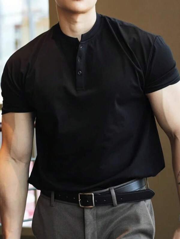 Men's Casual Versatile Solid Color Mock Neck Short Sleeve T-Shirt