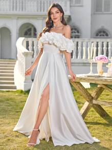 UNITHORSE 1 件白色露肩褶饰腰部修身 A 字形开叉下摆婚纱，新娘，全白派对服装女士