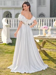 UNITHORSE 1 件白色露肩褶饰腰部修身 A 字形开叉下摆婚纱，新娘，全白派对服装女士