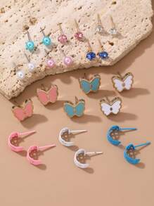 24 件彩色花卉和蝴蝶水钻装饰甜美时尚儿童耳环套装