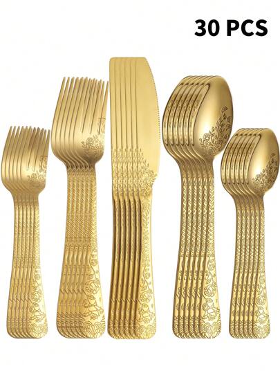 5/20/30pcs Stainless Steel Cutlery Set With Carved Pattern, Suitable For Restaurant, Home, Kitchen, Party, Wedding Favor,School Supplies
