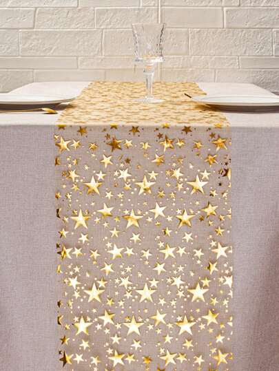 1pc Golden Foil Star Printed Table Runner, 11" X 108", Metallic Polyester Fabric Decoration For Festivals, Spring,Wedding Tablecloth,Wedding Decor,Home Decor ,Room Decor, Party Favors Bride Birthday Decorations Party Decorations Bachelorette E-I-D