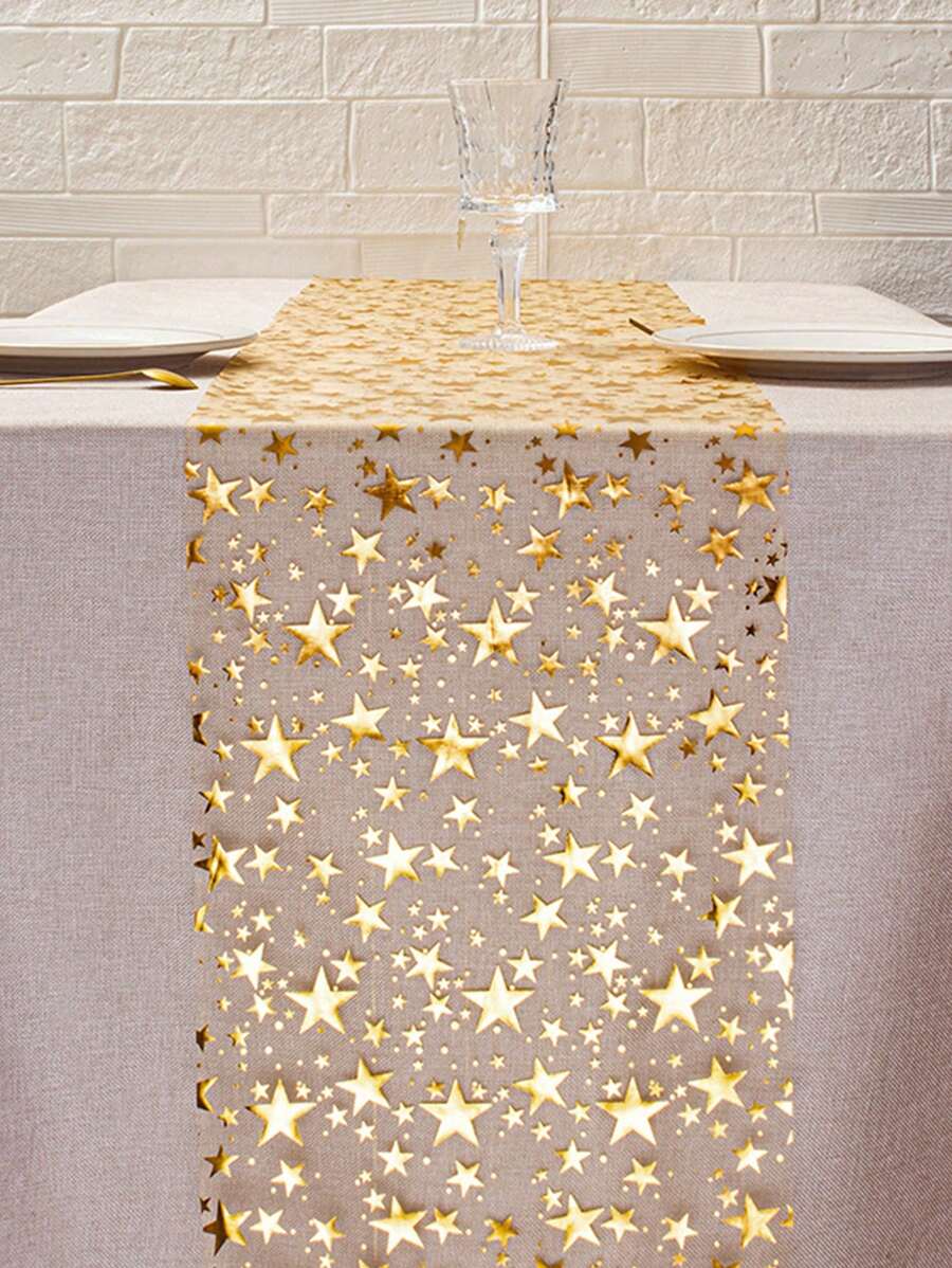 1 件金色箔星印花桌旗，11 英寸 X 108 英寸，金属涤纶面料装饰，适用于节日、春季、婚礼桌布、婚礼装饰、家居装饰、房间装饰、新娘派对礼物 - 彩色 - 查看 1