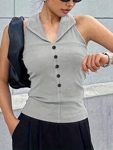 女士纯色无袖翻领时尚背心