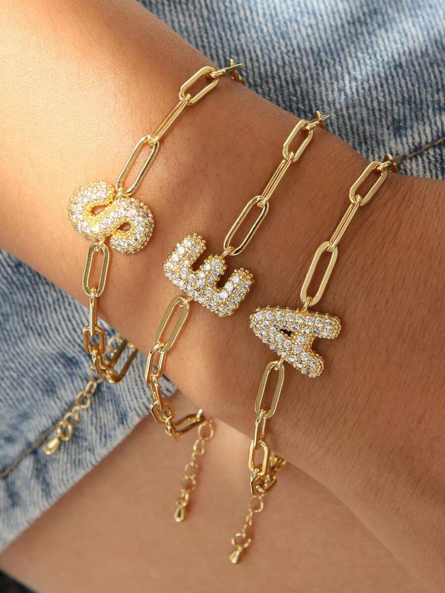 Zirconia Initial Charm A-Z Letters Bracelets Women Gold Color Bracelet Chain Jewelry Alphabet Men Gift - Gold - View 1