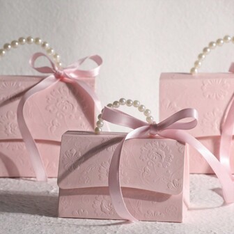 10pcs Paper Gift Box, Concave-Convex Three-Dimensional Flower Design, With Pearl Handles, Used For Party Holiday Gift Packaging, Wedding Gift Boxes, Birthday Gift Boxes, Small Activity Gift Bags, Valentine's Day Gift Boxes.