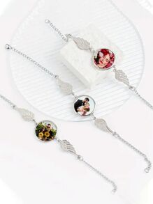 1 Customized Photo Bracelet With Angel Wings - Elegant Personalized Picture Charm Bracelet, Suitable For Women - Alloy Uncoated Jewelry, Suitable For Daily Wear - Unique Gift, Suitable For Girlfriends, Mother's Day, Christmas
