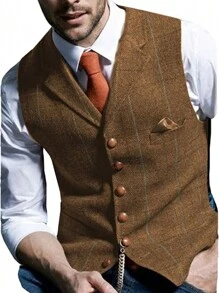 Men's Vest Jacket Herringbone Plaid Tartan Business Waistcoat For Gentleman Best Man Wedding Vest - màu nâu - Xem 1