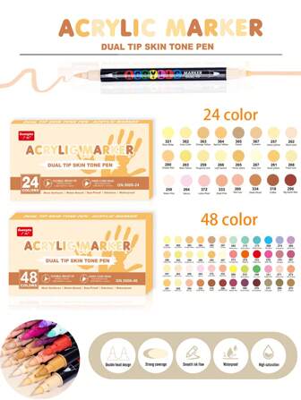GuangNa 48 Colors/24 Colors 1 Set Of Skin Color System Double Head Soft Bristle Acrylic Marker Pen, Student Painting Drawing Mystery Drawing Book Coloring Brush Drawing Anime Characters Skin Color Soft Bristle/Hard Head Marker, Can Diy Clothes/Shoes/Skin/Rocks/Glass Etc.