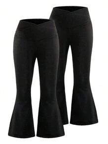 2 件套少女纯色喇叭裤套装 - 黑色 - 查看 1