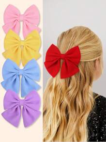 1/2pcs Satin & Chiffon Bow Hair Clips, New Candy Color Large Barrettes, College Style, No Card Paper, Suitable For Daily Use - 彩色 - 查看 3