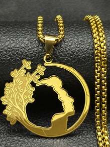 Collar con colgante de cara y luna de árbol para mujeres y hombres, de acero inoxidable en color oro y plata, joyería de regalo