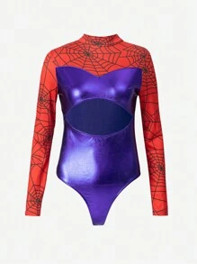 Halloween Cosplay Superhero Sexy Lingerie For Women, Contrast Color Hollow Out Long Sleeve Snap Crotch Bodysuit Costume