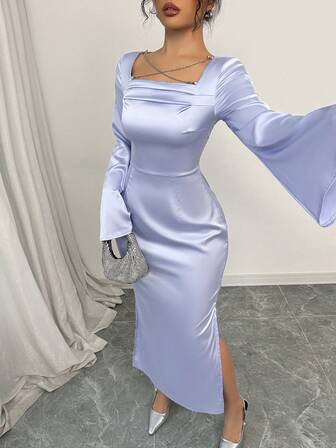 女式束腰褶皱喇叭袖长连衣裙