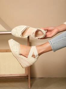 编织带交叉弹性绑带黄麻绳时尚坡跟女鞋 - 米色 - 查看 4