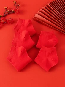 5 Pairs Unisex Red Crew Socks, Suitable For Chinese New Year, Fortune Year, Red Socks - Red - View 5