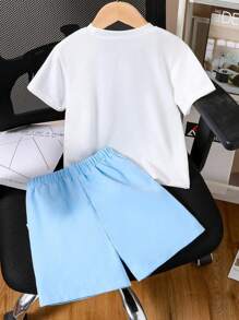 青少年男孩卡通印花短袖 T 恤和短裤 2 件套，夏季