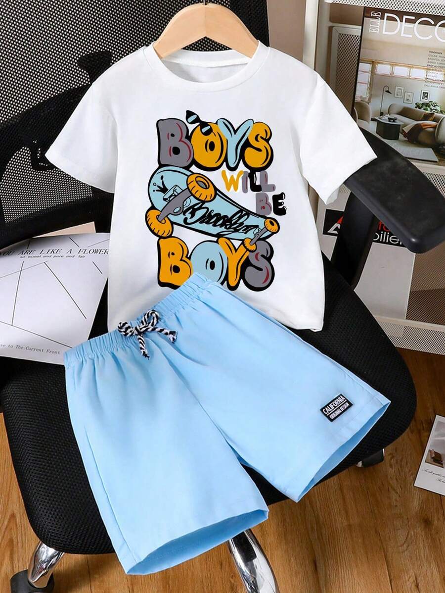 青少年男孩卡通印花短袖 T 恤和短裤 2 件套，夏季