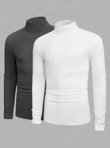 2pcs Tween Boy Casual Solid Color Turtleneck Long Sleeve T-Shirts, Autumn/Winter - Black and White - View 1