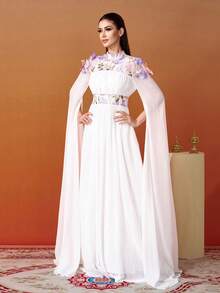 Missord Style Round Neck Long Sleeve Chiffon Patchwork Dress - White - View 6