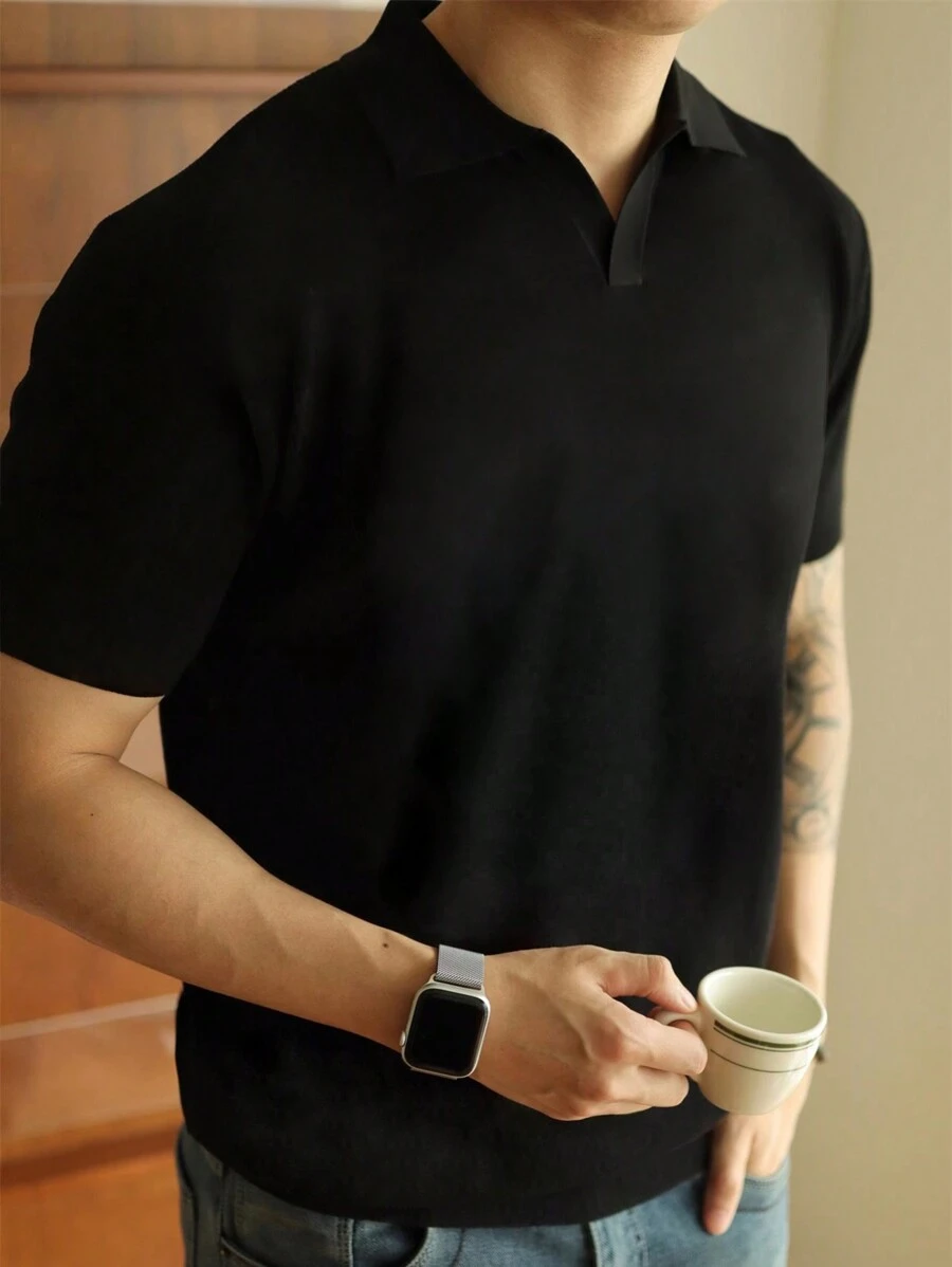 Men's Casual Versatile Solid Color Short Sleeve Polo Shirt - Black - View 1