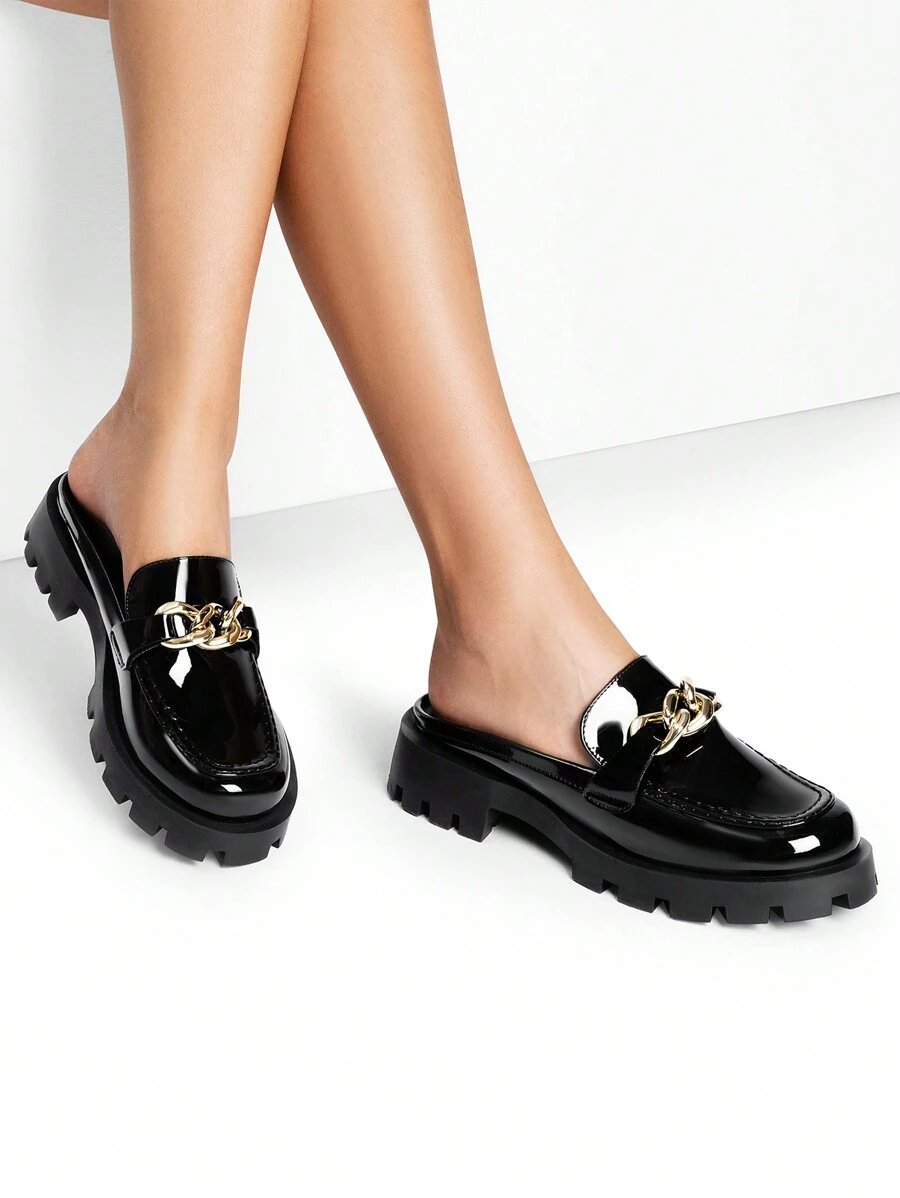 Women Mules Slippers Chunky With Gold Chain Decor Slip On Platform Thick Comfortable Fashion Classic Loafers Flat Slides Shoes - 蒙特內哥羅 - 查看 1