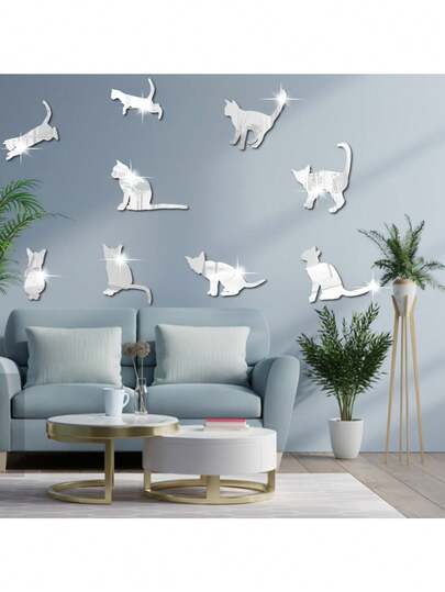 A Set/9pcs Cat Acrylic With Adhesive Backing Self Adhesive Mirror Stickers Decorative Wall Stickers 1mm Thickness Home Decoration Mirror Wall Stickers Can Be Used To Decorate The Bedroom Cafe Living Room Living Room