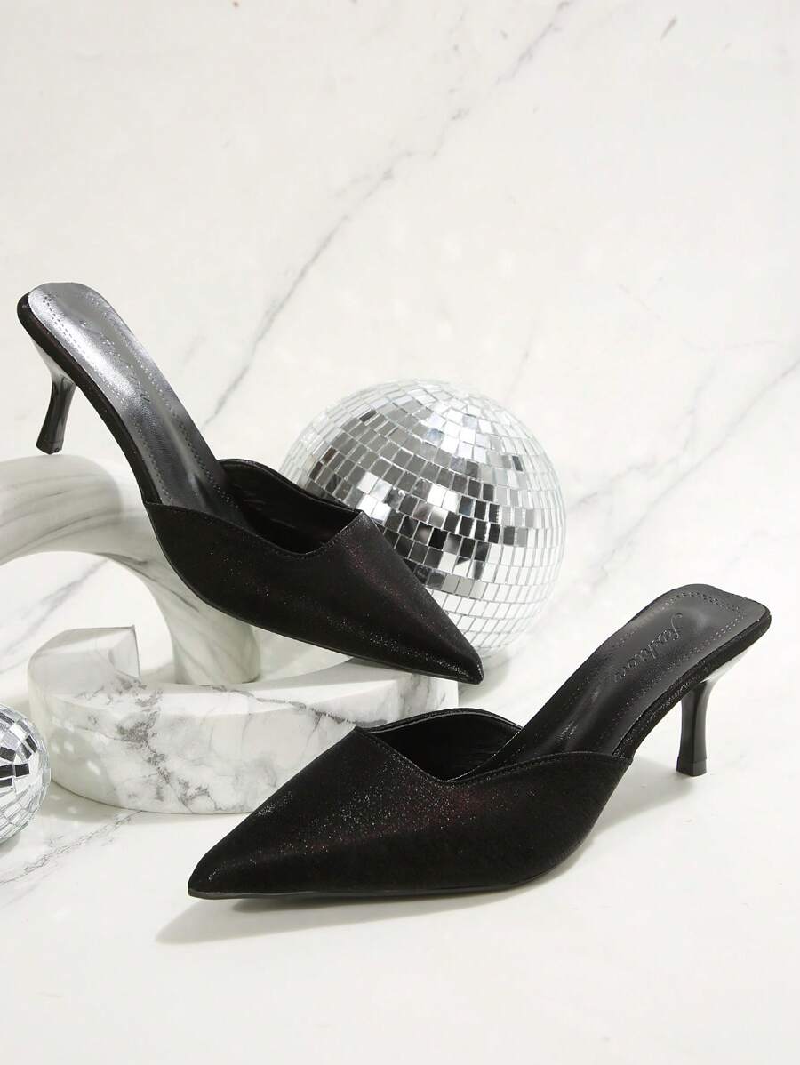 Giày Mule mũi nhọn cho nữ, Thời trang Hàn Quốc mới cho mùa xuân hè, Giày sandal đế mỏng kiểu Âu Mỹ thời trang, họa tiết da lộn - màu đen - Xem 1