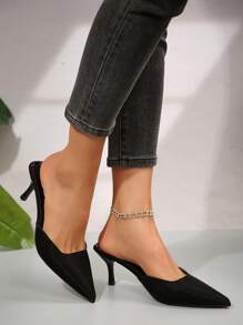 Giày Mule mũi nhọn cho nữ, Thời trang Hàn Quốc mới cho mùa xuân hè, Giày sandal đế mỏng kiểu Âu Mỹ thời trang, họa tiết da lộn - màu đen - Xem 6